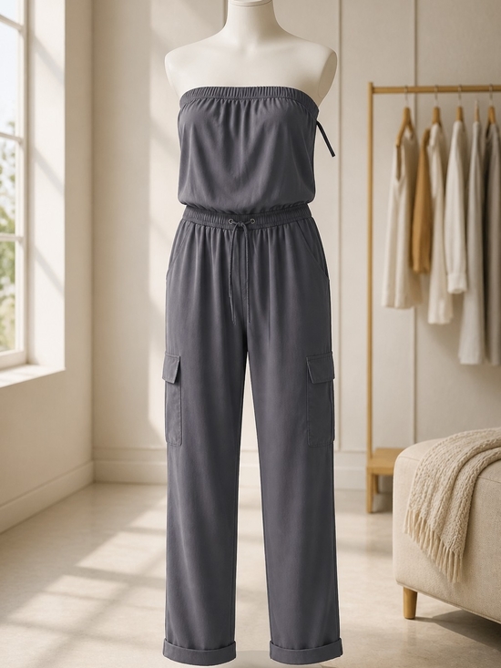 New York & Company Pants - New York & Company Strapless Cargo Jumpsuit in Charcoal Gray